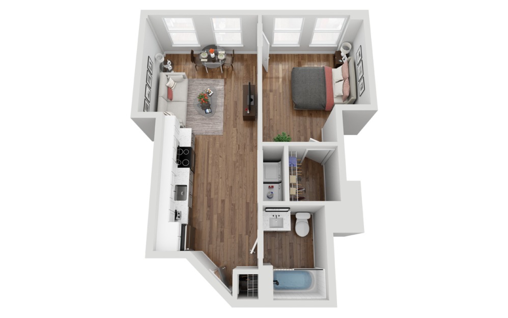 01F - 1 bedroom floorplan layout with 1 bathroom and 584 square feet (3D)