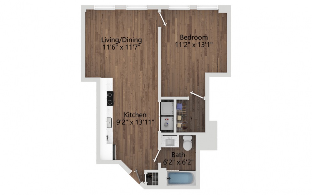 01F - 1 bedroom floorplan layout with 1 bath and 584 square feet. (2D)