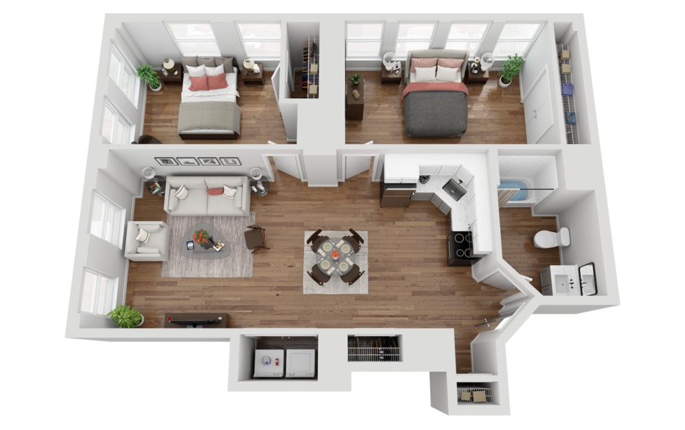 02F - 2 bedroom floorplan layout with 1 bathroom and 1008 square feet (3D)