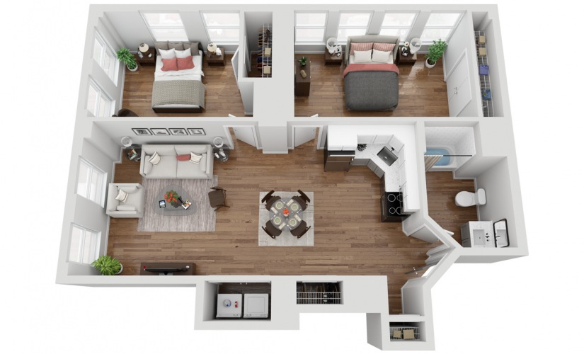 02F - 2 bedroom floorplan layout with 1 bathroom and 1008 square feet