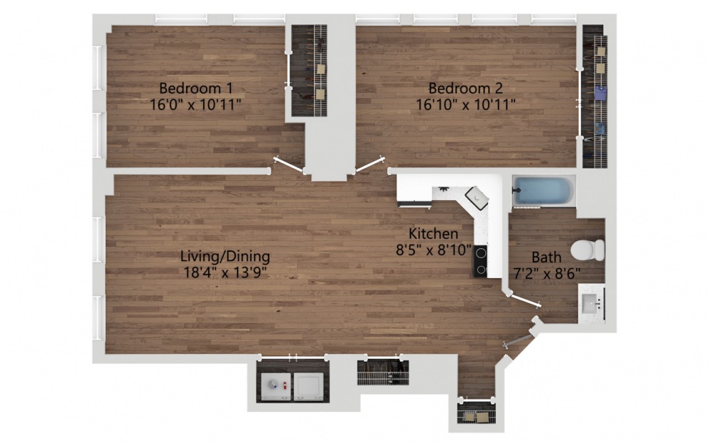 02F - 2 bedroom floorplan layout with 1 bath and 1008 square feet. (2D)