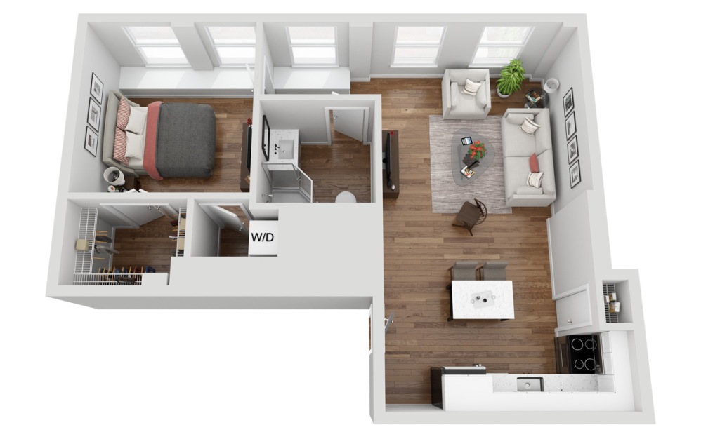 03F - 1 bedroom floorplan layout with 1 bathroom and 640 square feet (3D)