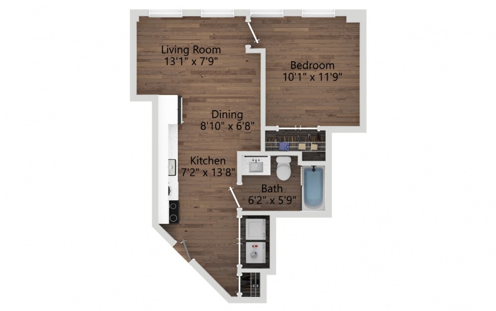 01C - 1 bedroom floorplan layout with 1 bath and 516 square feet. (2D)