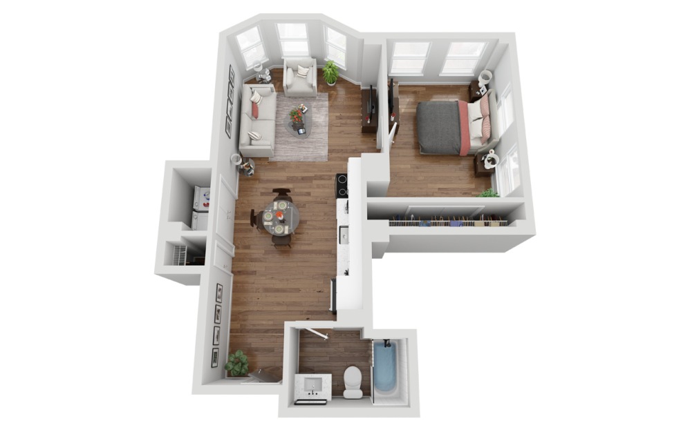 02C - 1 bedroom floorplan layout with 1 bathroom and 661 square feet (3D)