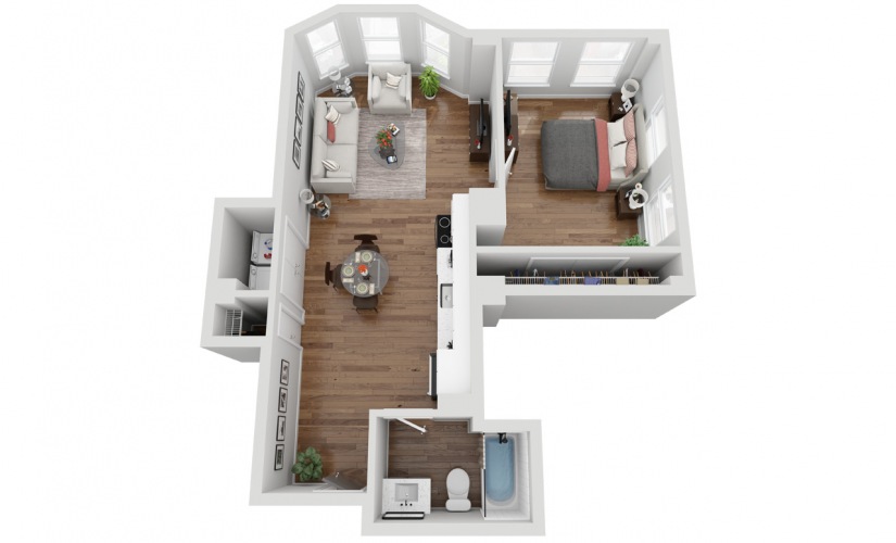 02C - 1 bedroom floorplan layout with 1 bathroom and 661 square feet