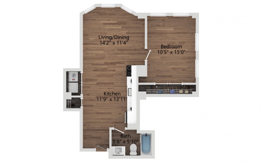 02C - 1 bedroom floorplan layout with 1 bath and 661 square feet. (2D)