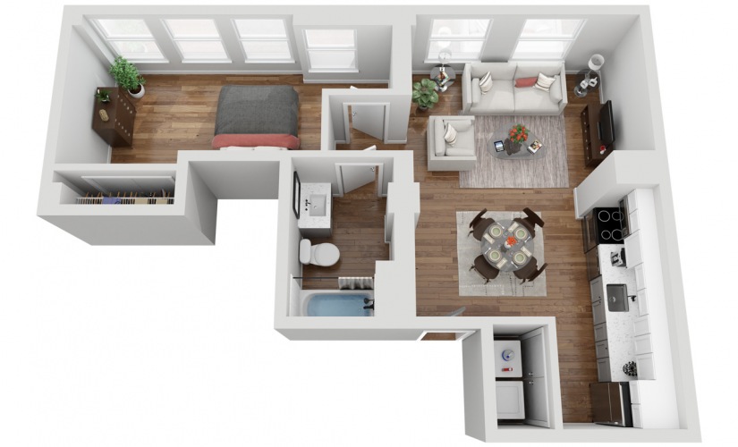 04E - 1 bedroom floorplan layout with 1 bathroom and 592 square feet