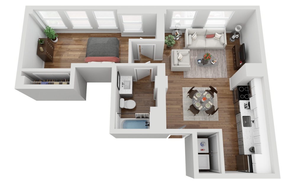 04E - 1 bedroom floorplan layout with 1 bathroom and 592 square feet (3D)