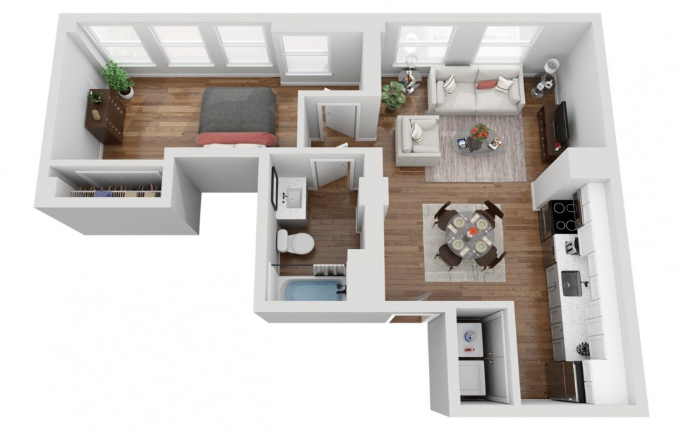 04E - 1 bedroom floorplan layout with 1 bath and 592 square feet. (3D)