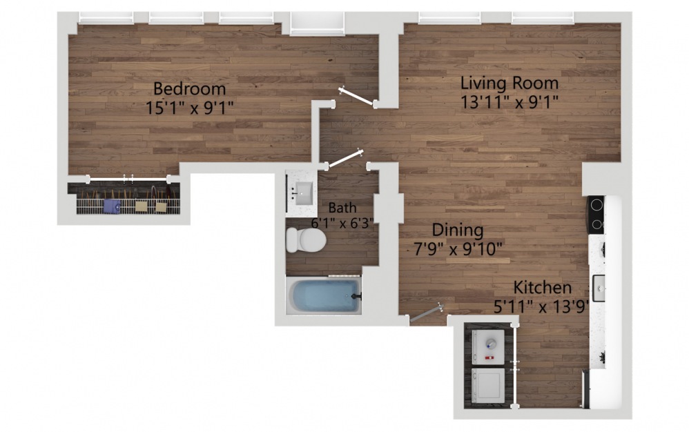 04E - 1 bedroom floorplan layout with 1 bath and 592 square feet. (2D)