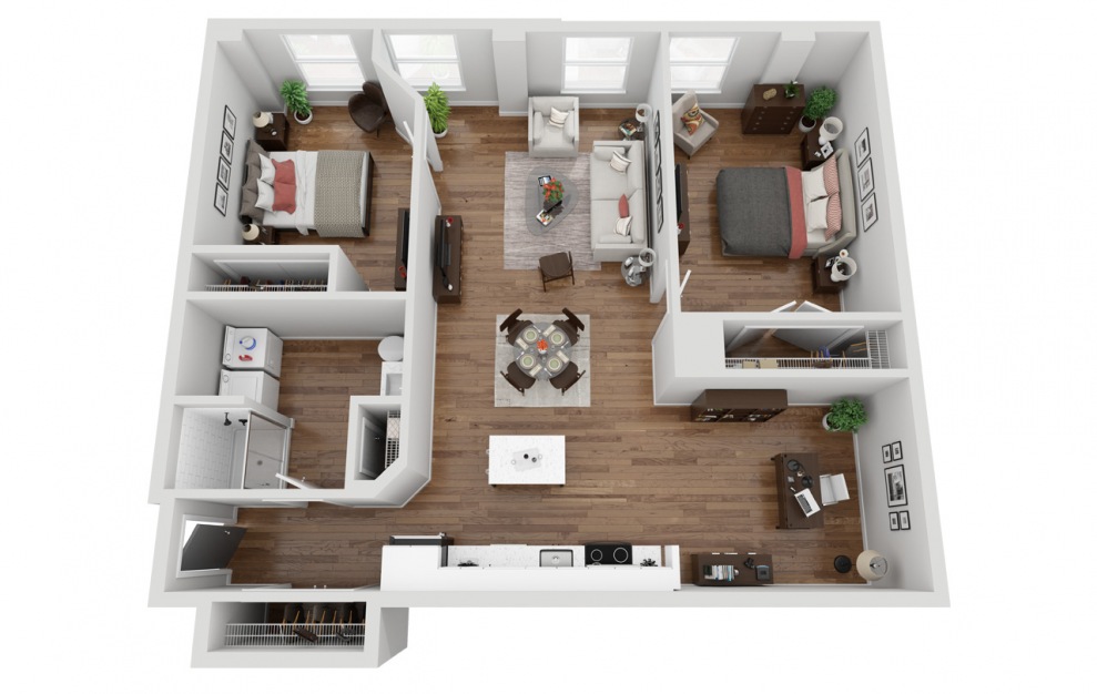 05E - 2 bedroom floorplan layout with 1 bath and 1062 square feet. (3D)