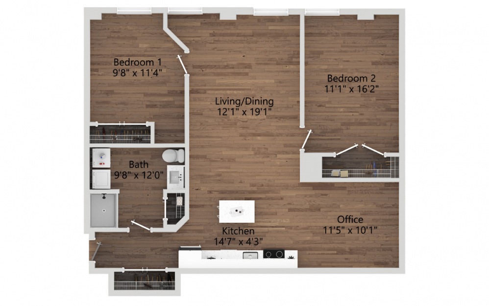 05E - 2 bedroom floorplan layout with 1 bath and 1062 square feet. (2D)