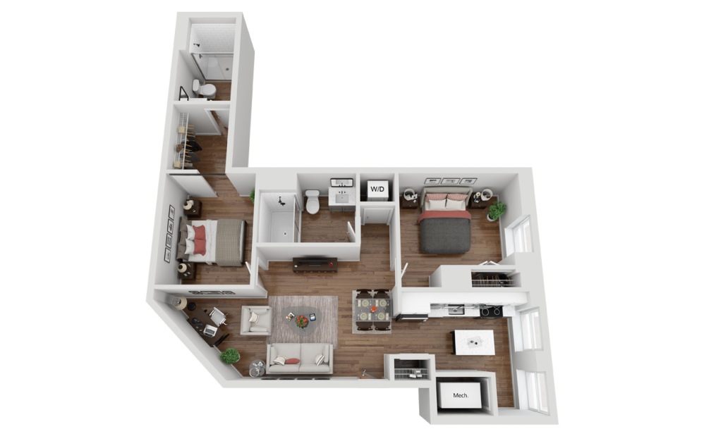 06E - 2 bedroom floorplan layout with 2 bathrooms and 1125 square feet (3D)