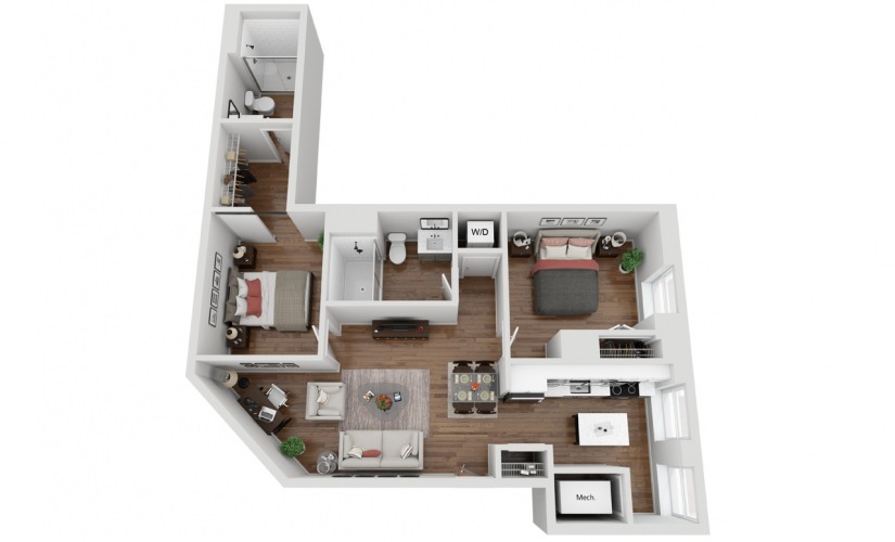 06E - 2 bedroom floorplan layout with 2 bathrooms and 1125 square feet