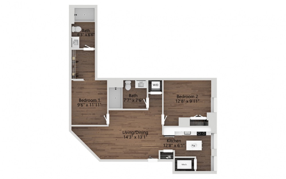 06E - 2 bedroom floorplan layout with 2 baths and 1125 square feet. (2D)