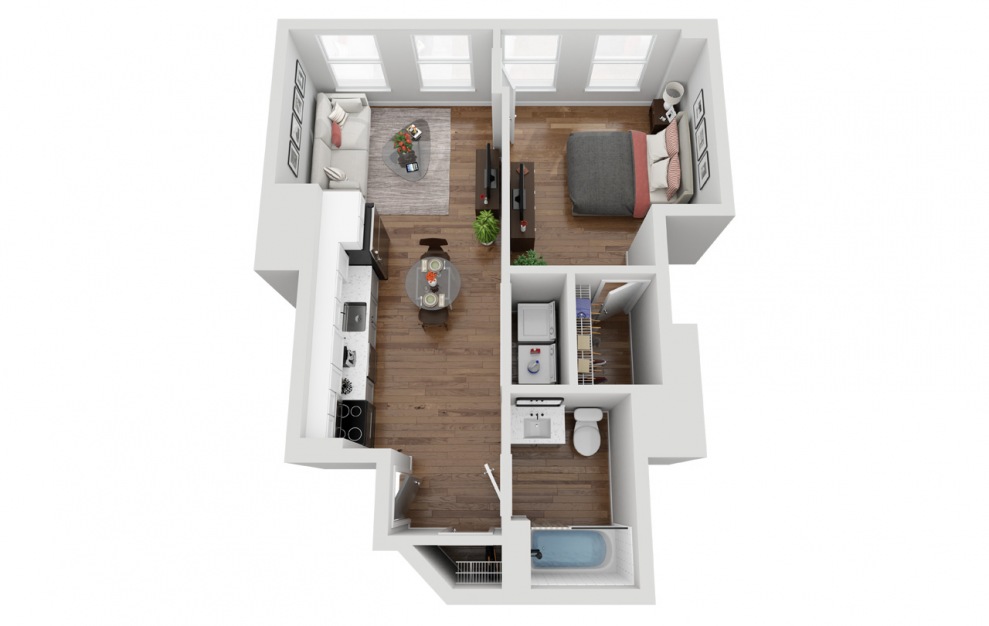 01D - 1 bedroom floorplan layout with 1 bath and 566 square feet. (3D)