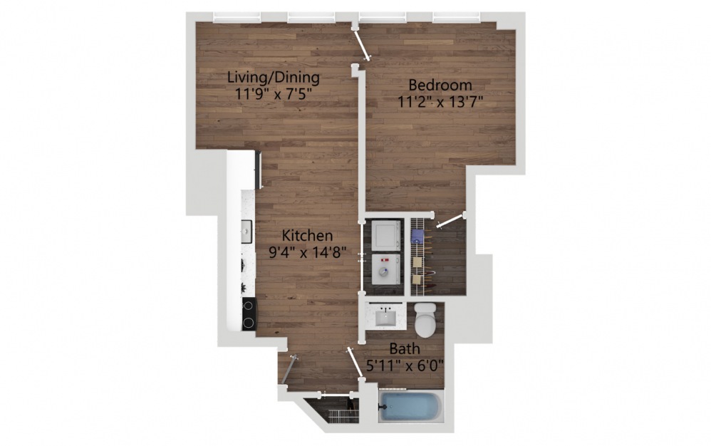 01D - 1 bedroom floorplan layout with 1 bath and 566 square feet. (2D)