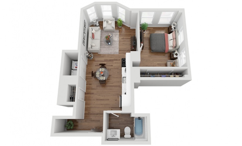 02D - 1 bedroom floorplan layout with 1 bathroom and 691 square feet