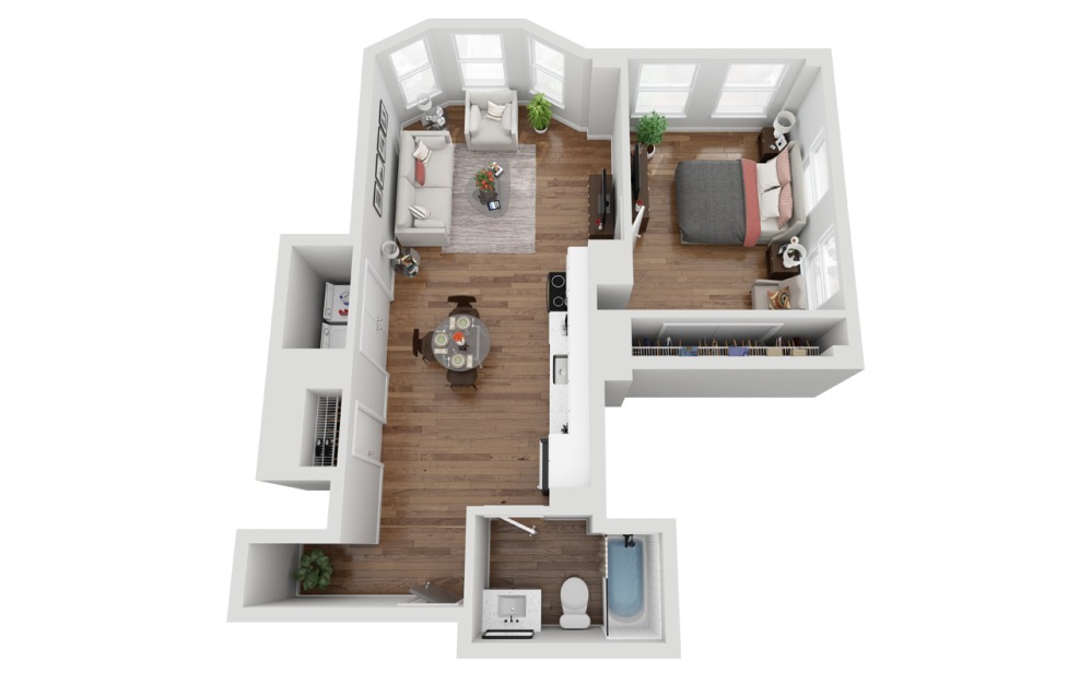 02D - 1 bedroom floorplan layout with 1 bathroom and 691 square feet (3D)