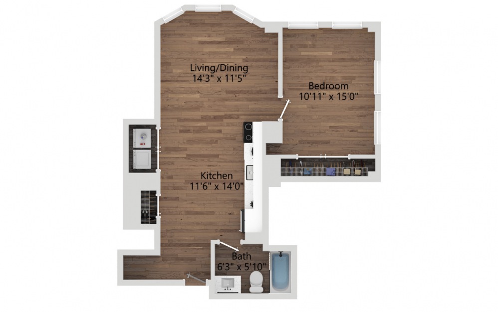 02D - 1 bedroom floorplan layout with 1 bath and 691 square feet. (2D)