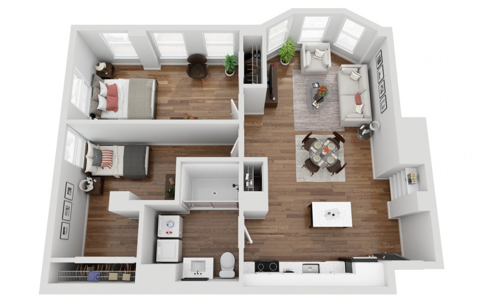 03B - 2 bedroom floorplan layout with 1 bath and 861 square feet. (3D)