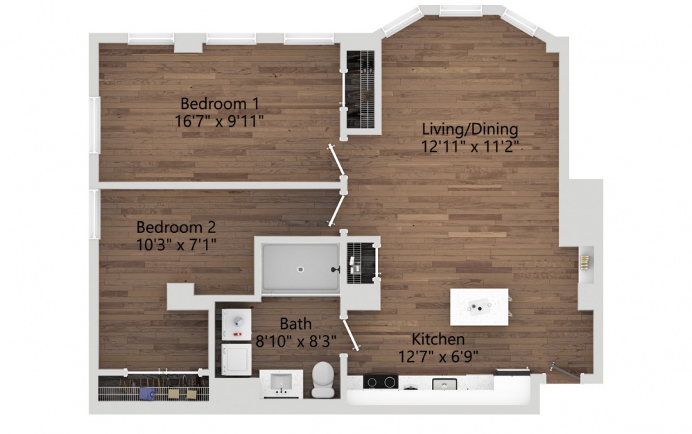 03B - 2 bedroom floorplan layout with 1 bath and 861 square feet. (2D)