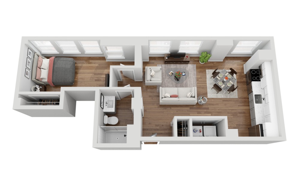 04D - 1 bedroom floorplan layout with 1 bathroom and 675 square feet (3D)