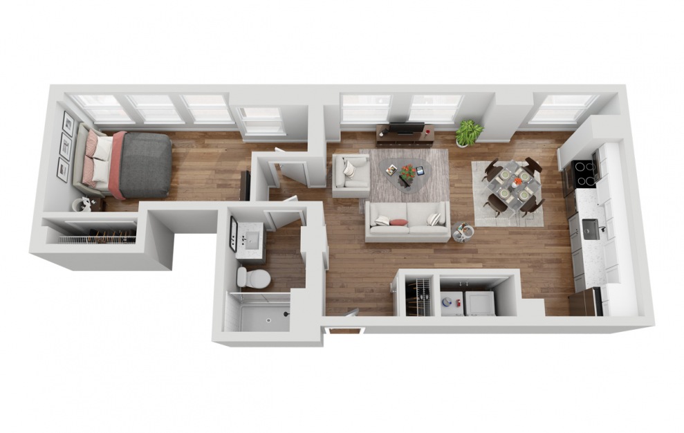 04D - 1 bedroom floorplan layout with 1 bath and 675 square feet. (3D)