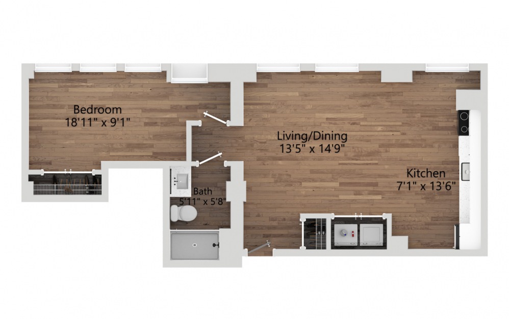 04D - 1 bedroom floorplan layout with 1 bath and 675 square feet. (2D)