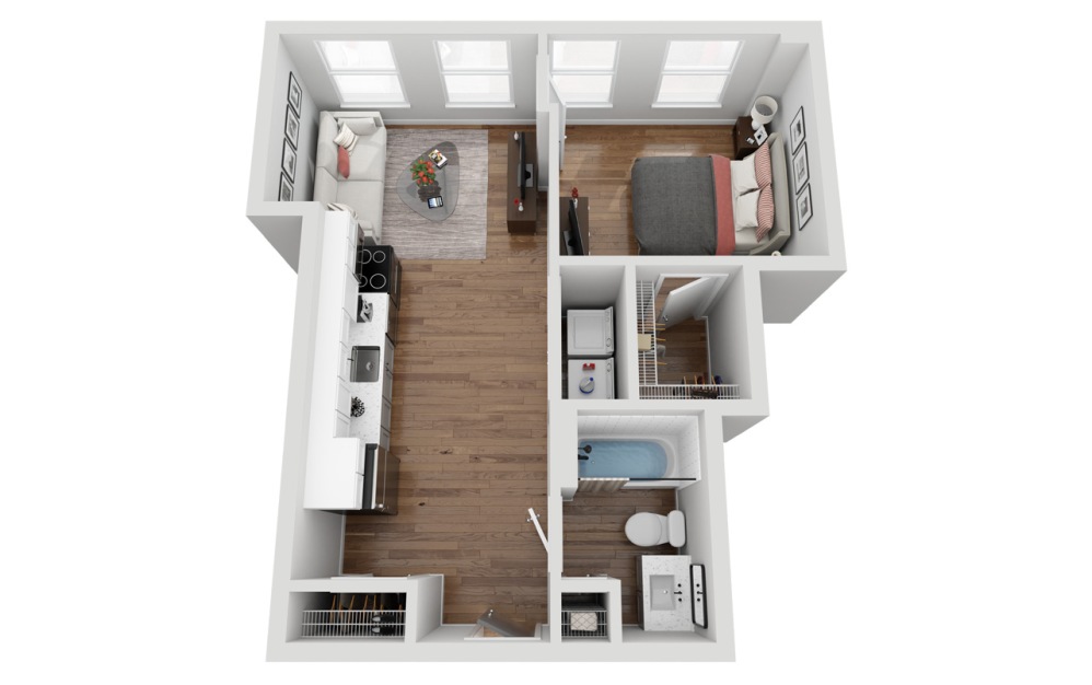 01B - 1 bedroom floorplan layout with 1 bathroom and 520 square feet (3D)