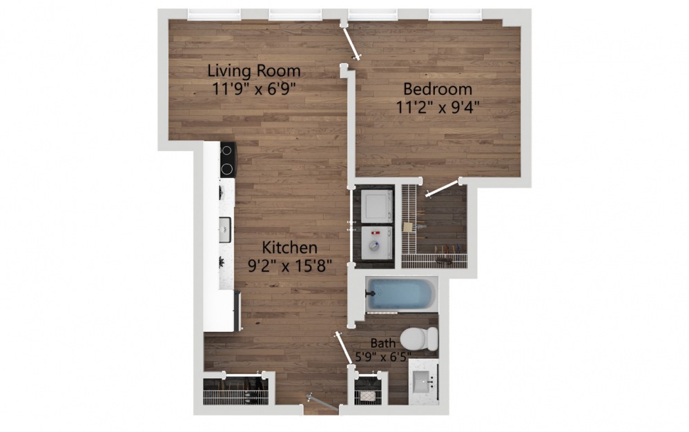 01B - 1 bedroom floorplan layout with 1 bath and 520 square feet. (2D)
