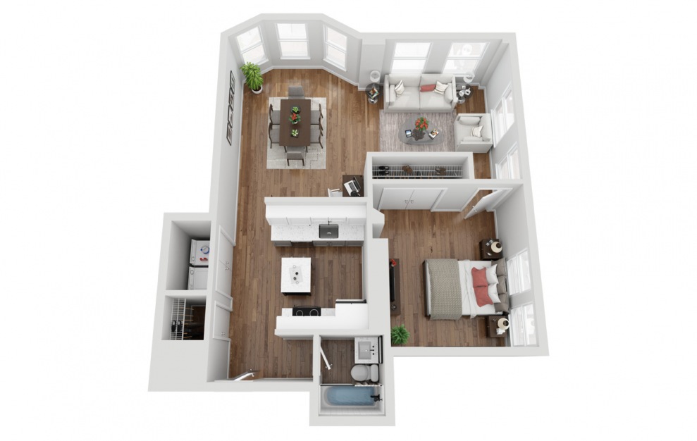 02B - 1 bedroom floorplan layout with 1 bath and 738 square feet. (3D)