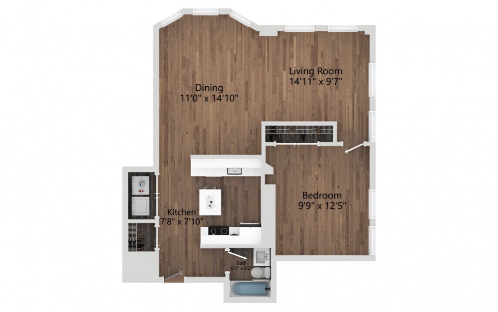 02B - 1 bedroom floorplan layout with 1 bath and 825 square feet. (2D)