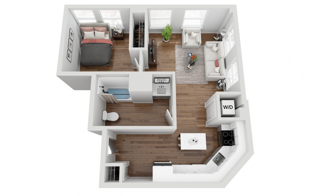 04B - 1 bedroom floorplan layout with 1 bath and 637 square feet. (3D)