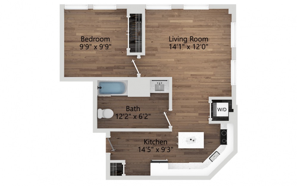 04B - 1 bedroom floorplan layout with 1 bath and 637 square feet. (2D)