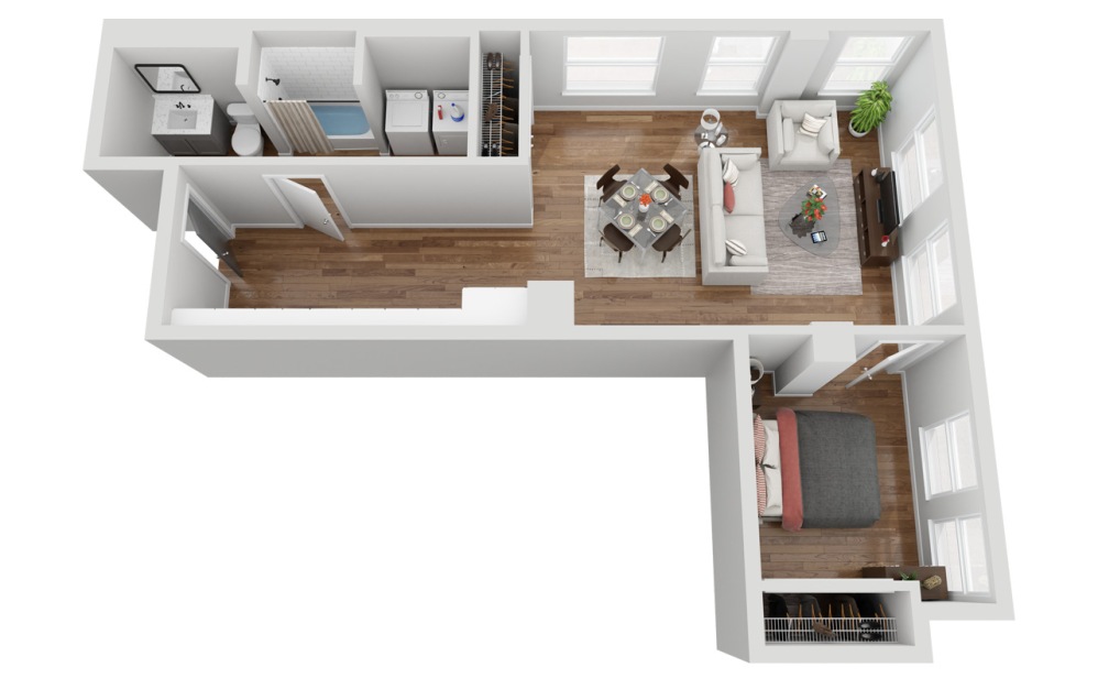 05B - 1 bedroom floorplan layout with 1 bathroom and 687 square feet (3D)