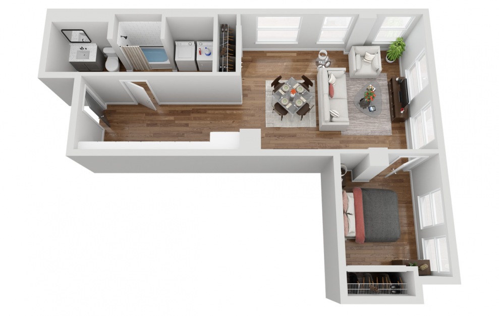 05B - 1 bedroom floorplan layout with 1 bath and 687 square feet. (3D)