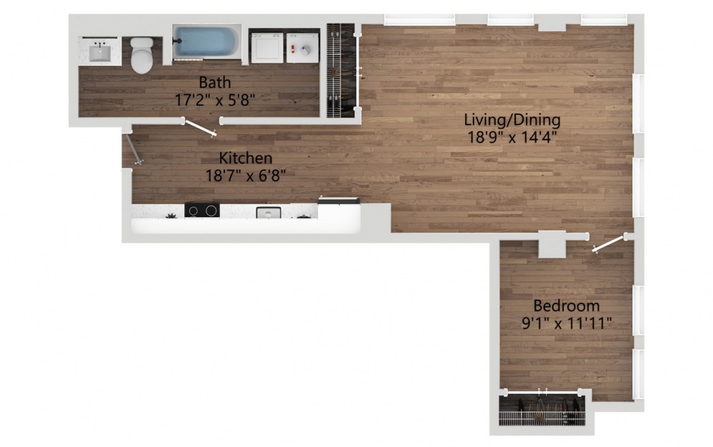 05B - 1 bedroom floorplan layout with 1 bath and 687 square feet. (2D)
