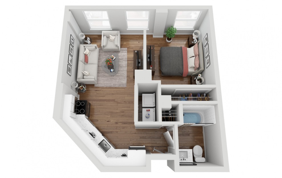 06B - Studio floorplan layout with 1 bath and 524 square feet. (3D)