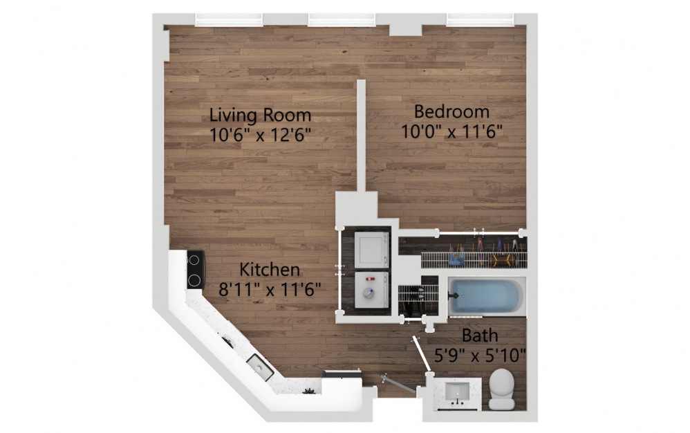 06B - Studio floorplan layout with 1 bath and 524 square feet. (2D)