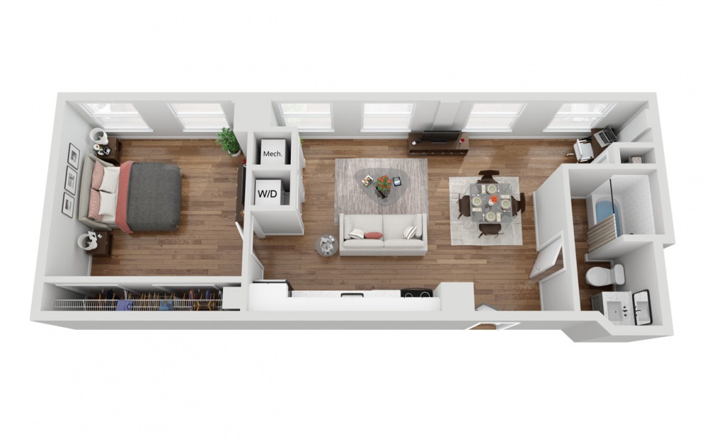 07B - 1 bedroom floorplan layout with 1 bath and 732 square feet. (3D)