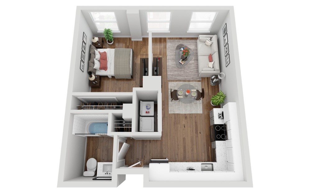 08 - Studio floorplan layout with 1 bathroom and 527 square feet (3D)