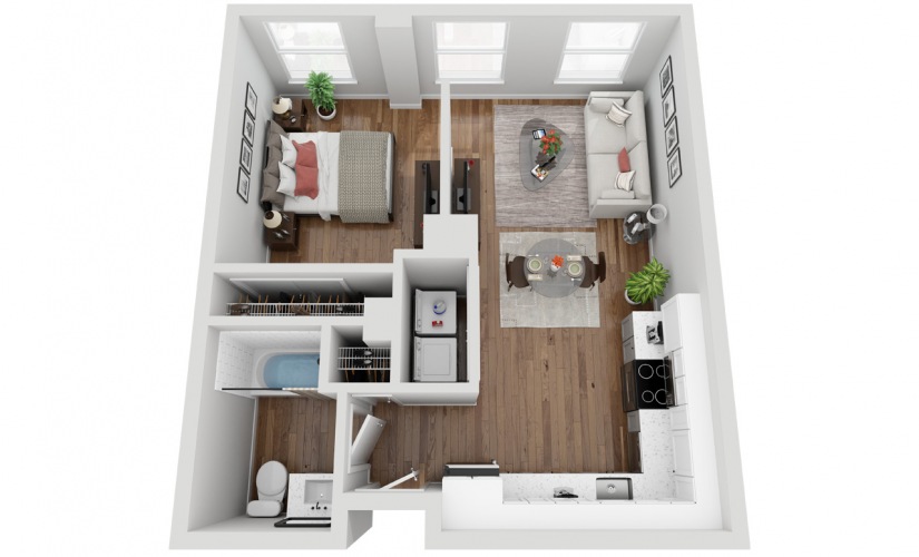 08 - Studio floorplan layout with 1 bathroom and 527 square feet