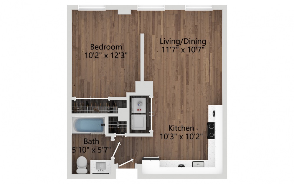 08 - Studio floorplan layout with 1 bath and 527 square feet. (2D)