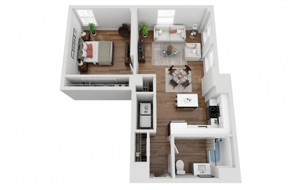 09 - 1 bedroom floorplan layout with 1 bath and 622 square feet. (3D)