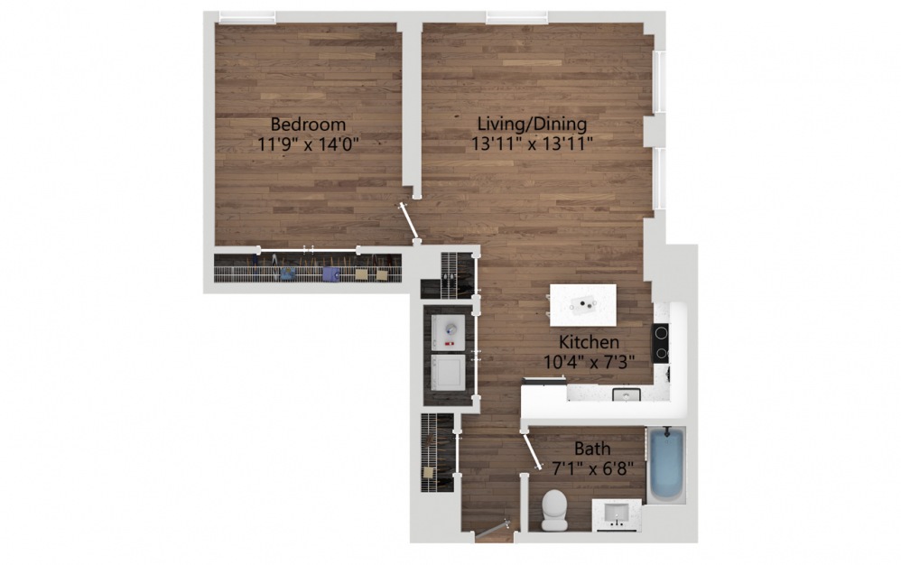 09 - 1 bedroom floorplan layout with 1 bath and 622 square feet. (2D)
