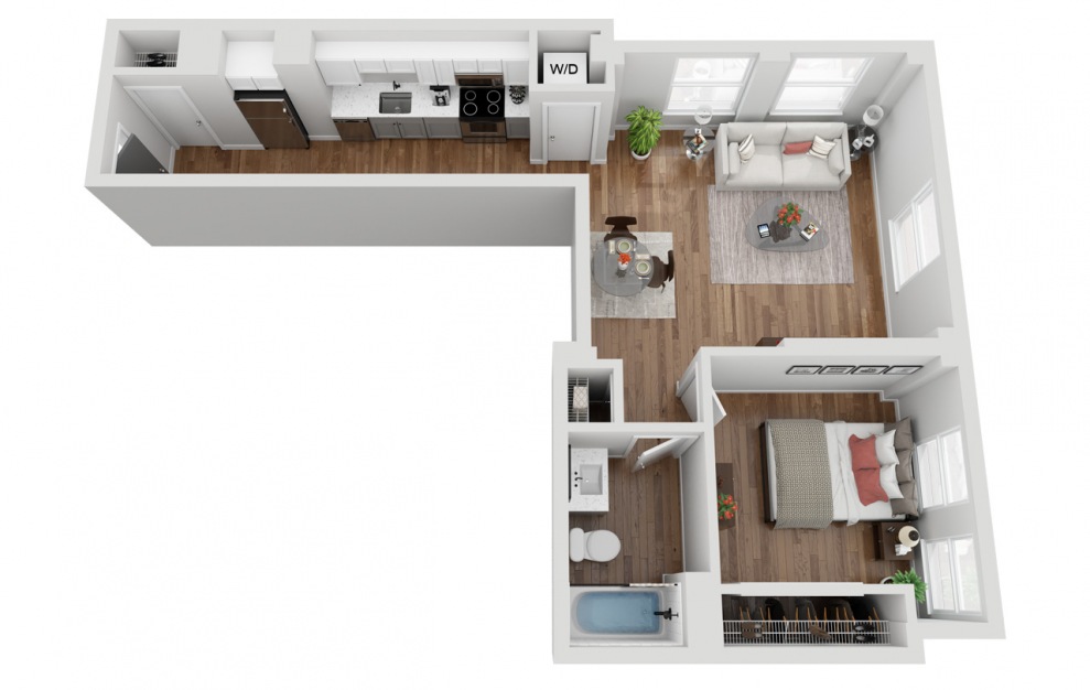 010 - 1 bedroom floorplan layout with 1 bath and 655 square feet. (3D)