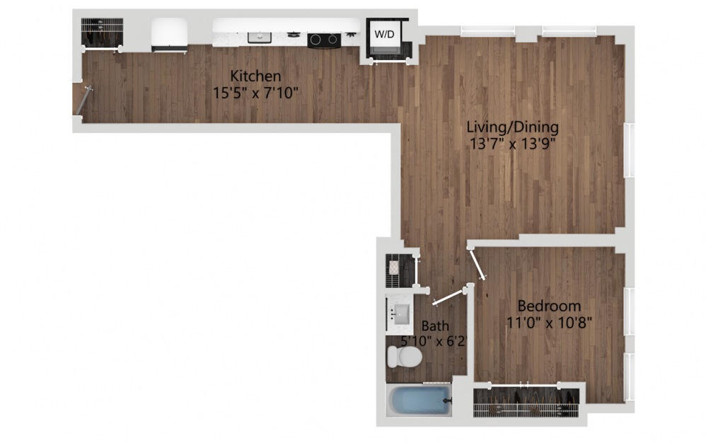 010 - 1 bedroom floorplan layout with 1 bath and 655 square feet. (2D)
