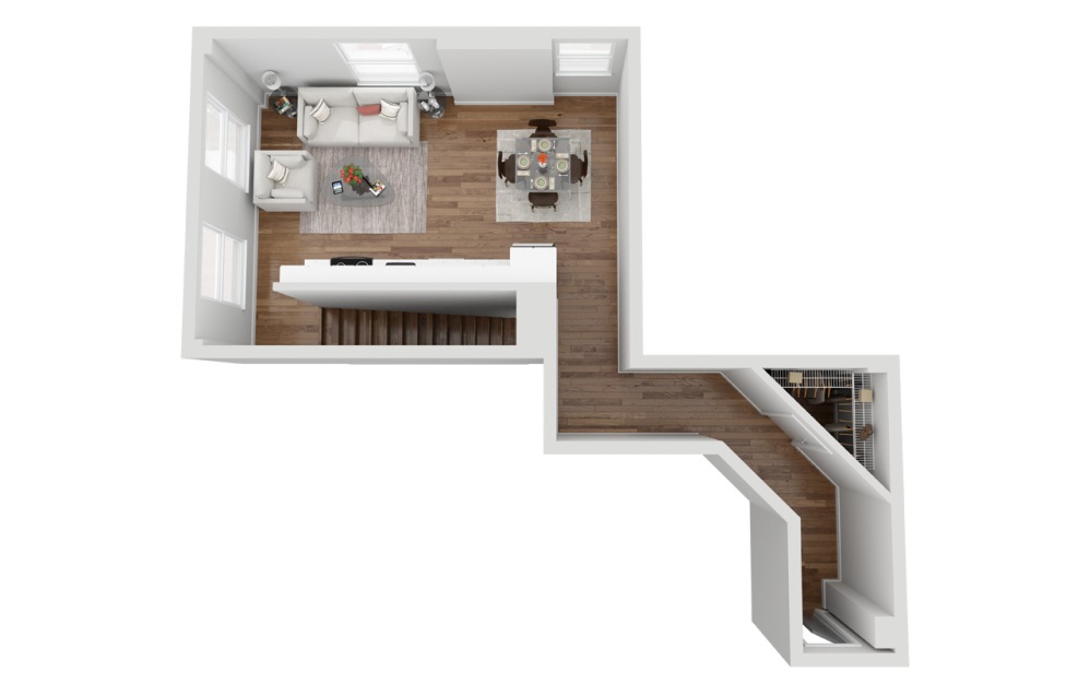 011T - 2 bedroom floorplan layout with 1 bathroom and 1061 square feet (Floor 1, 3D)