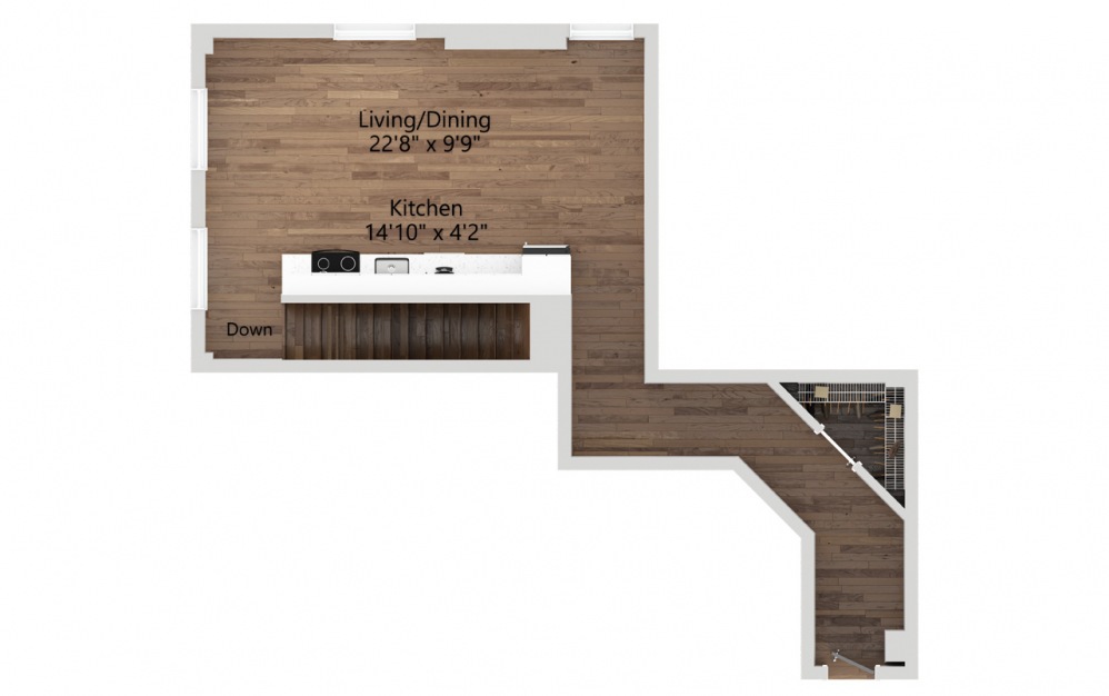 011T - 2 bedroom floorplan layout with 1 bath and 1061 square feet. (Floor 1 / 2D)